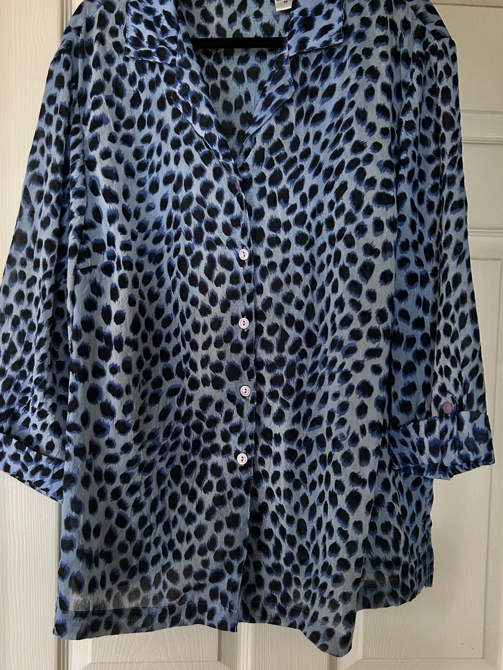 Blue Leopard Print Button-Up Blouse